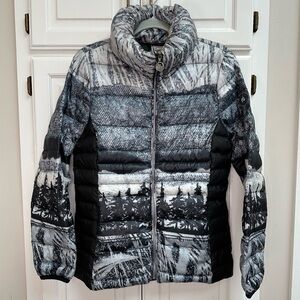 Dolcezza Simply Art Puffer Jacket Black & White Winter Forest Scene Size XS